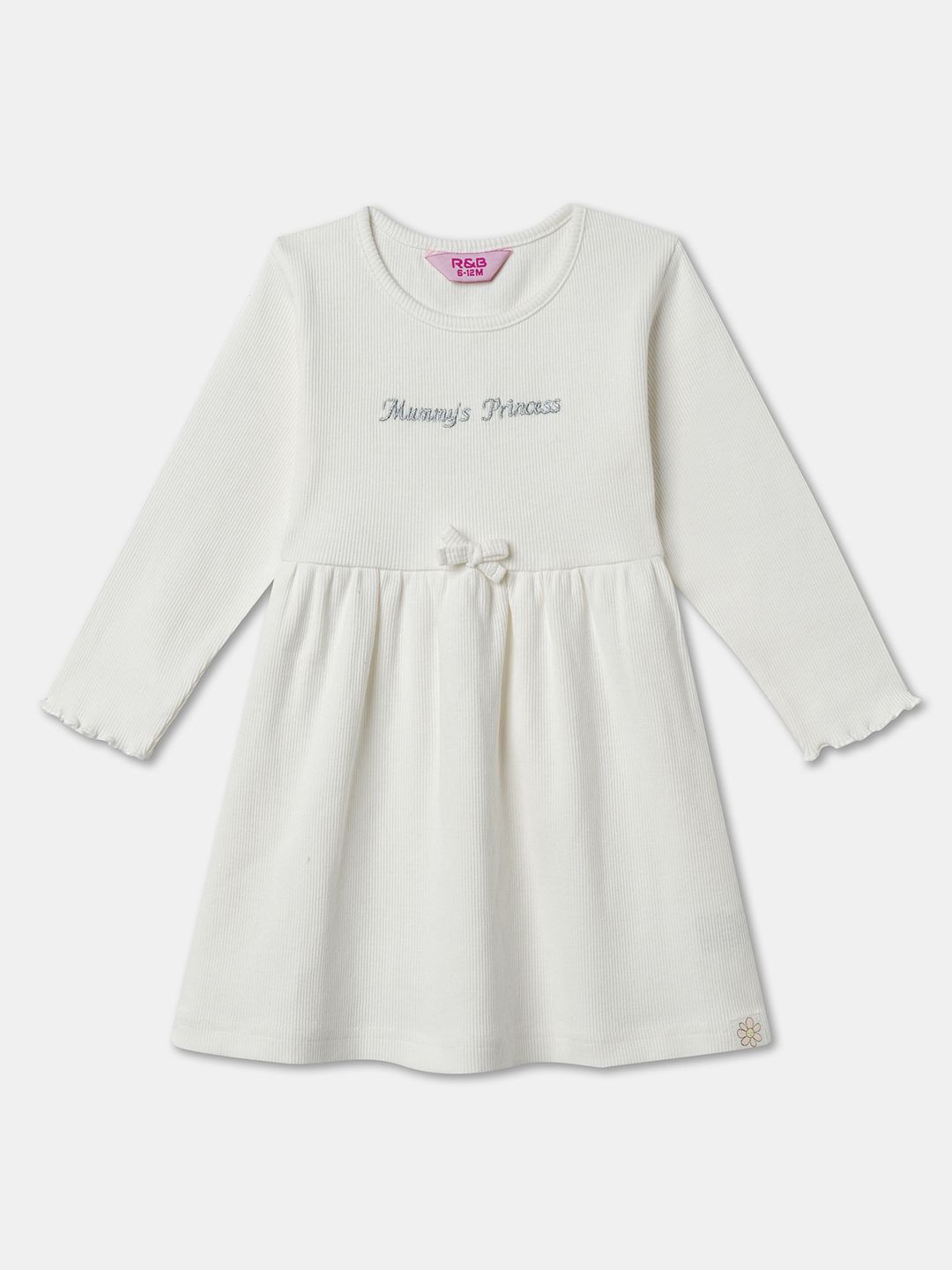 

R&B Girls Self Design Cotton A-Line Dress, Off white