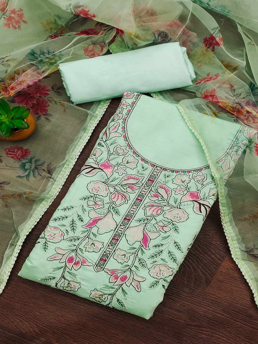 

Peachmode Embroidered Thread Work Unstitched Dress Material, Green