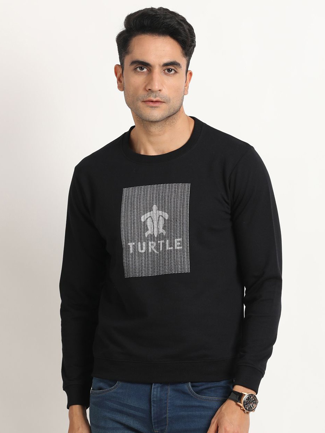 

Turtle Men Graphic Printed Round Neck Cotton Pullover Sweatshirt, Black