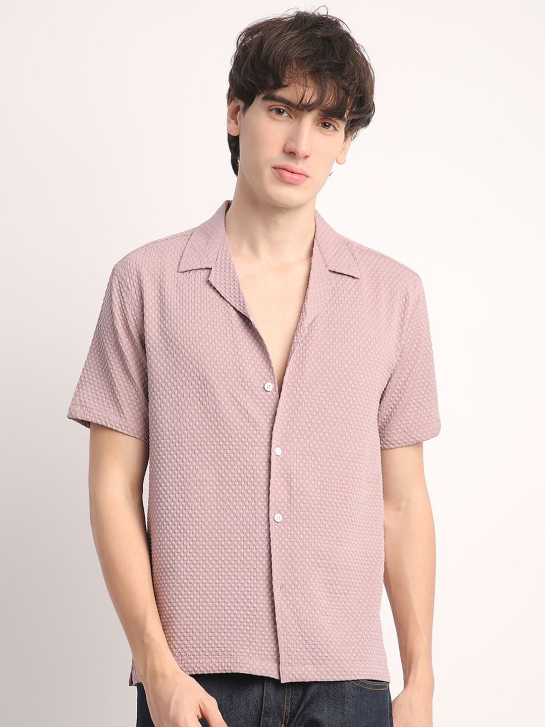 

Voroxy Men Relaxed Cuban Collar Textured Polycotton Casual Shirt, Peach