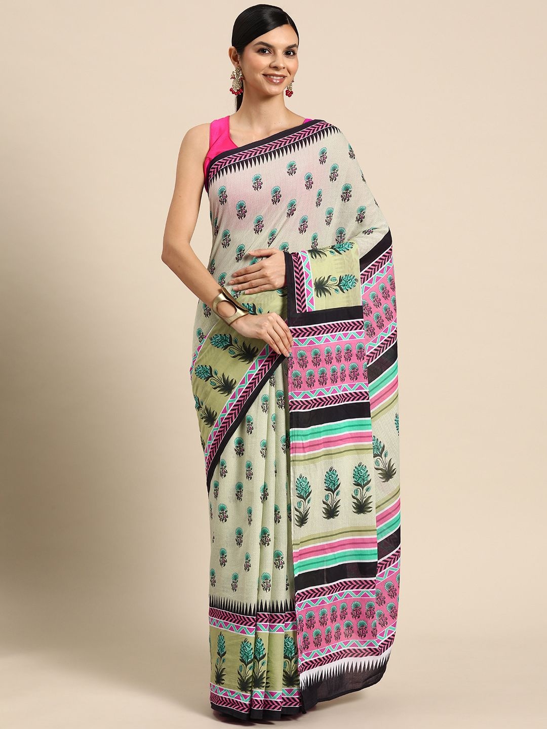 

BUTA BUTI Ethnic Motifs Printed Pure Cotton Saree, Green