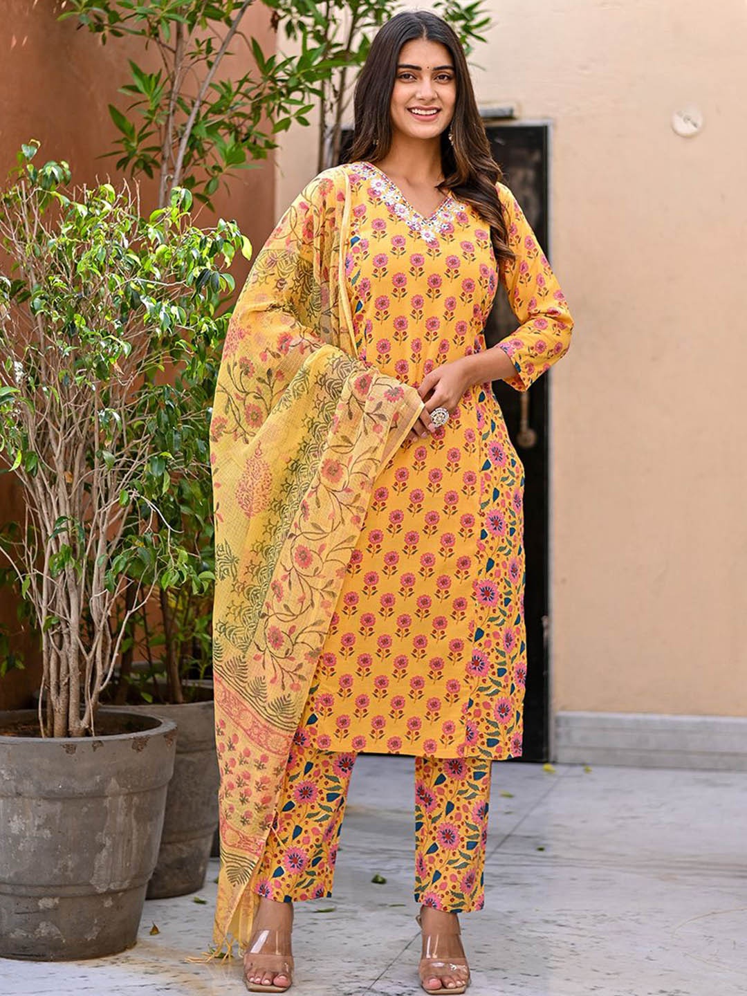 

Benaaz Ethnic Motifs Printed Thread Work Pure Cotton Kurta with Trousers & Dupatta, Yellow