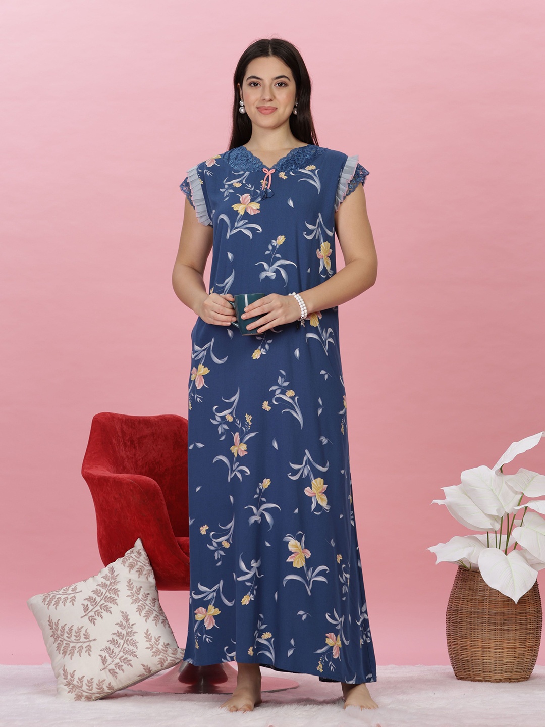 

9shines Label Women Floral Printed Everyday Nightdress, Blue