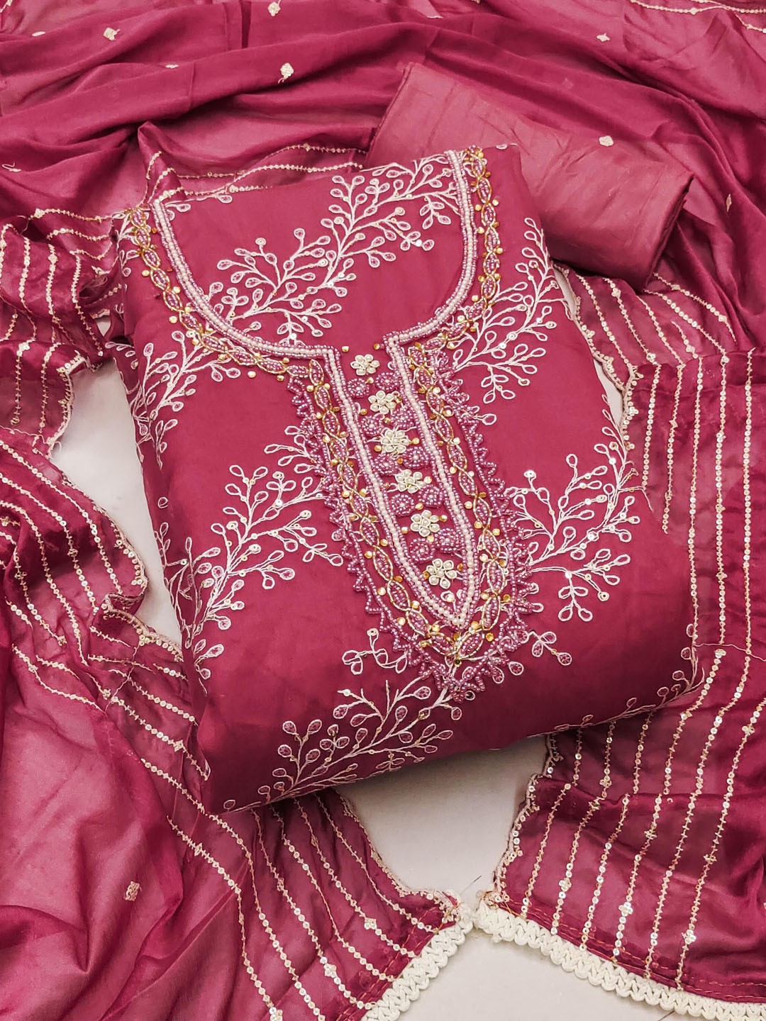 

KIMISHA Floral Embroidered Beads and Stones Organza Unstitched Dress Material, Pink