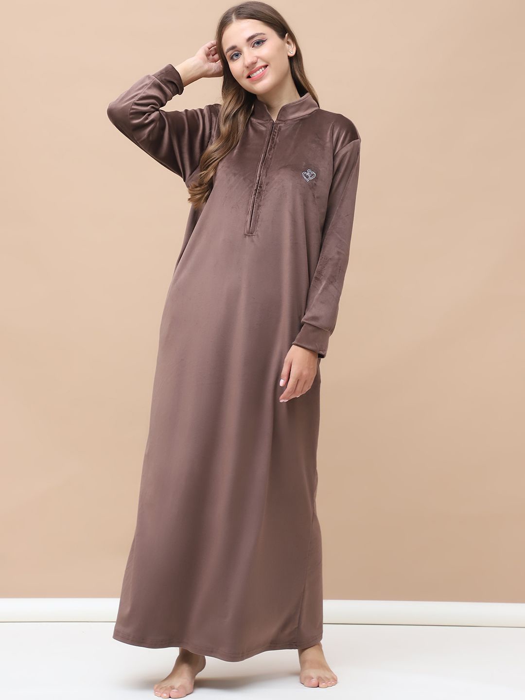 

Secret Wish Solid Velvet Winter Maternity Nightdress, Brown