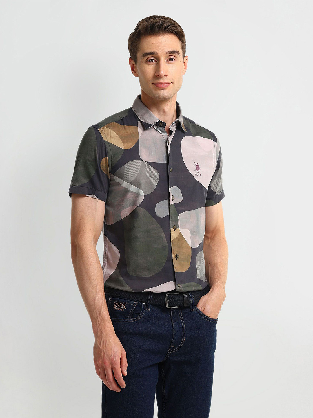 

U.S. Polo Assn. Denim Co. Men Spread Collar Abstract Printed Cotton Slim Fit Casual Shirt, Green