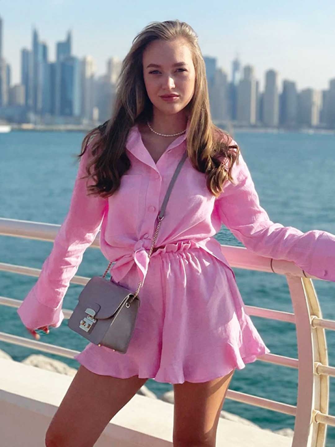 

KPOP Shirt Collar Neck Long Sleeves Shirt With Shorts Co-Ords Set, Pink