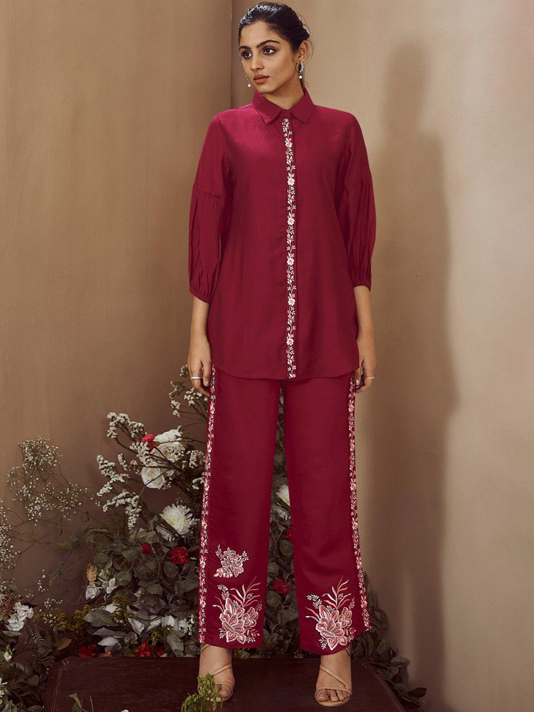 

AUTUMN LANE Floral Embroidered Tunic & Trousers, Rose