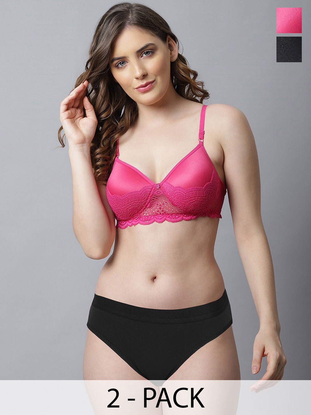 

AROUSY Women Pack Of 2 Lace Self Designed Cotton Lingerie Set, Pink