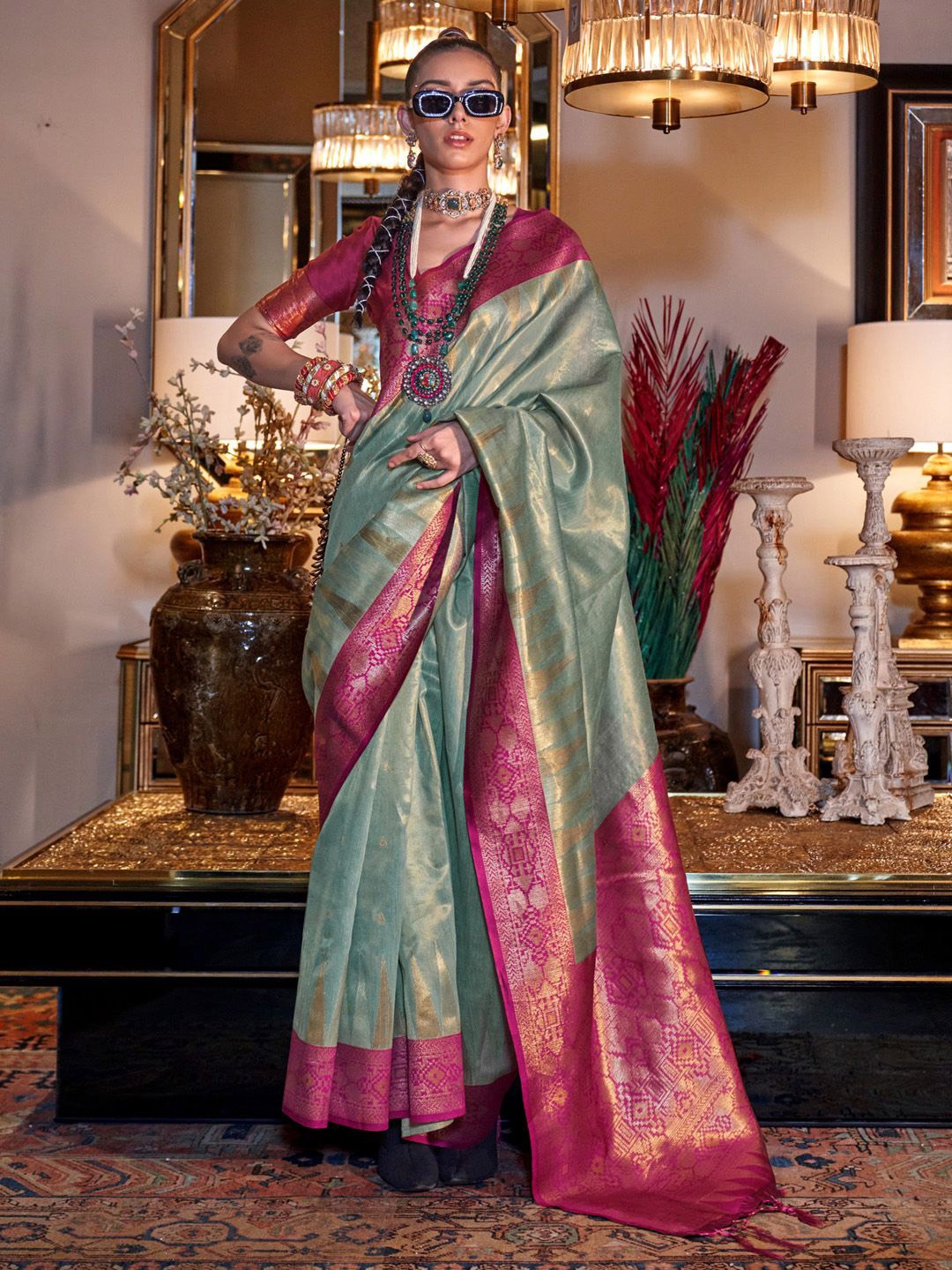 

Mitera Ethnic Motifs Zari Tissue Banarasi Saree, Green