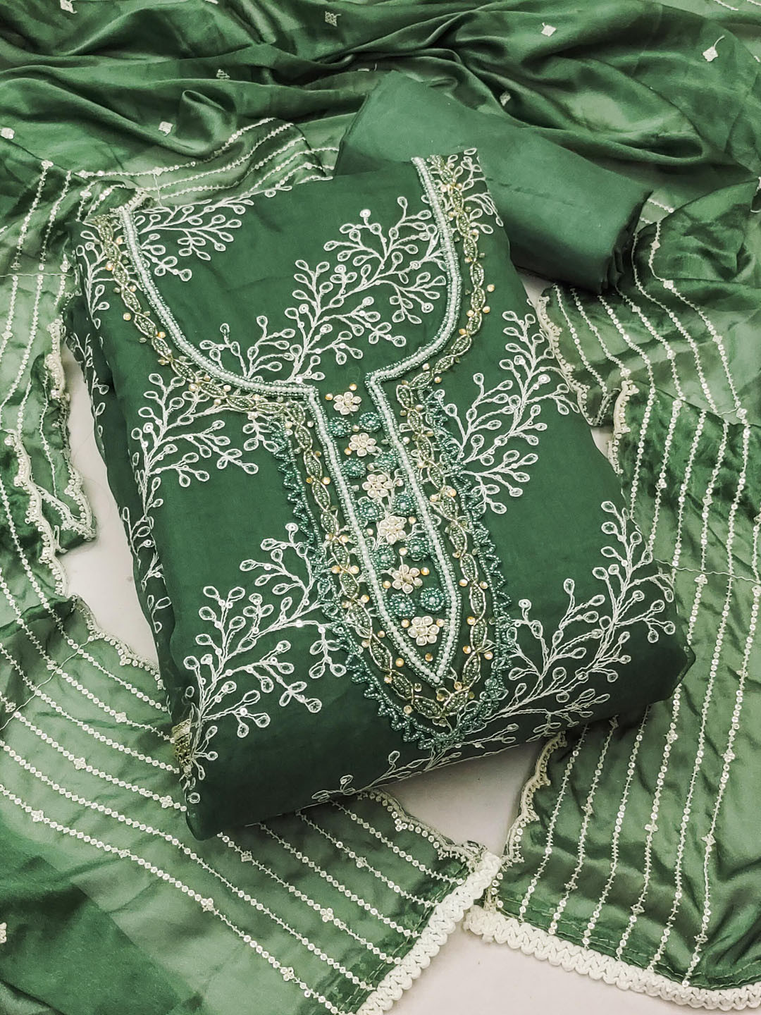 

KIMISHA Floral Embellished Beads and Stones Organza Unstitched Dress Material, Green