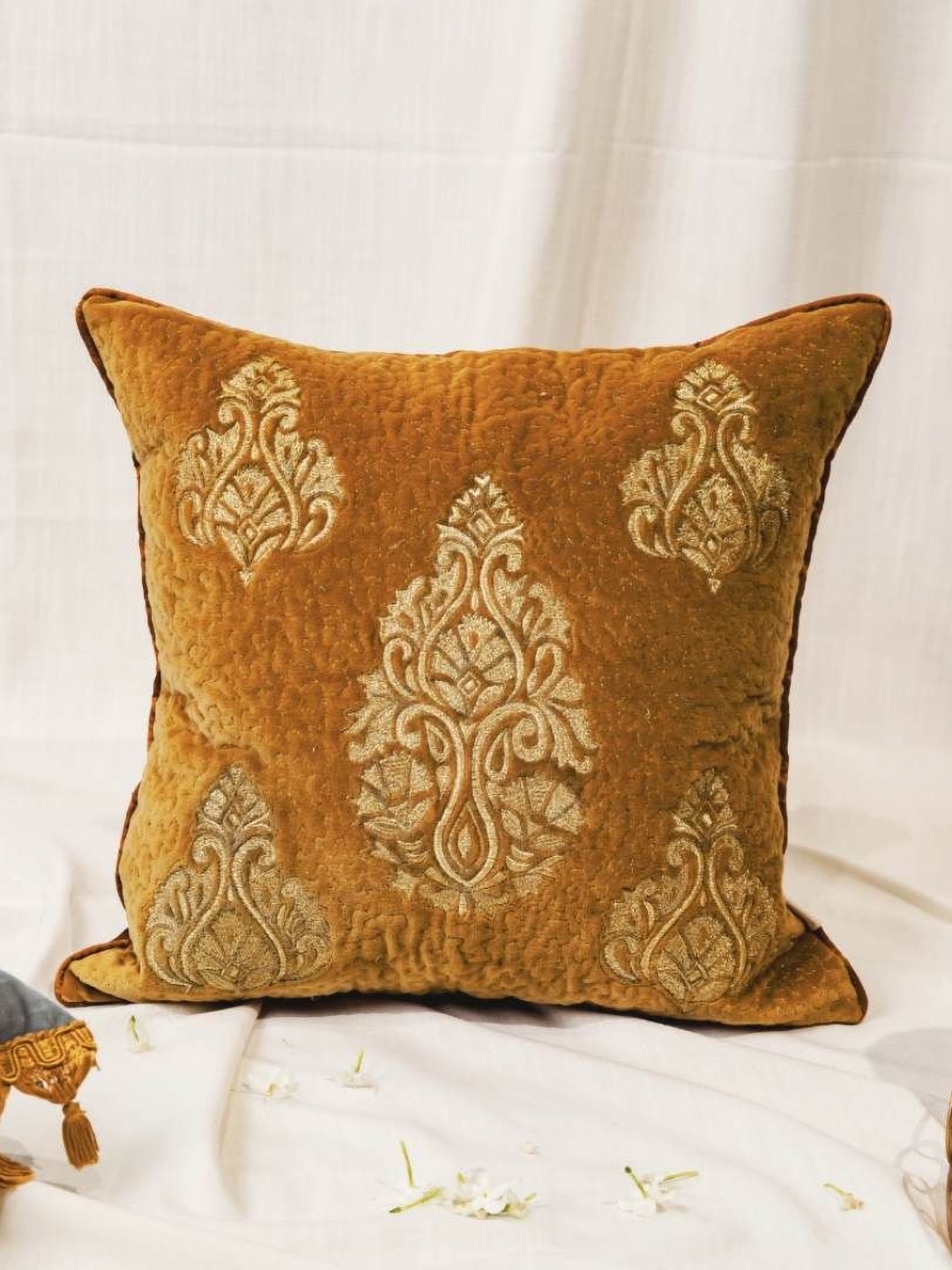 

ALCOVE Mustard & Gold-Toned Ethnic Motifs Embroidered Velvet Square Cushion Cover