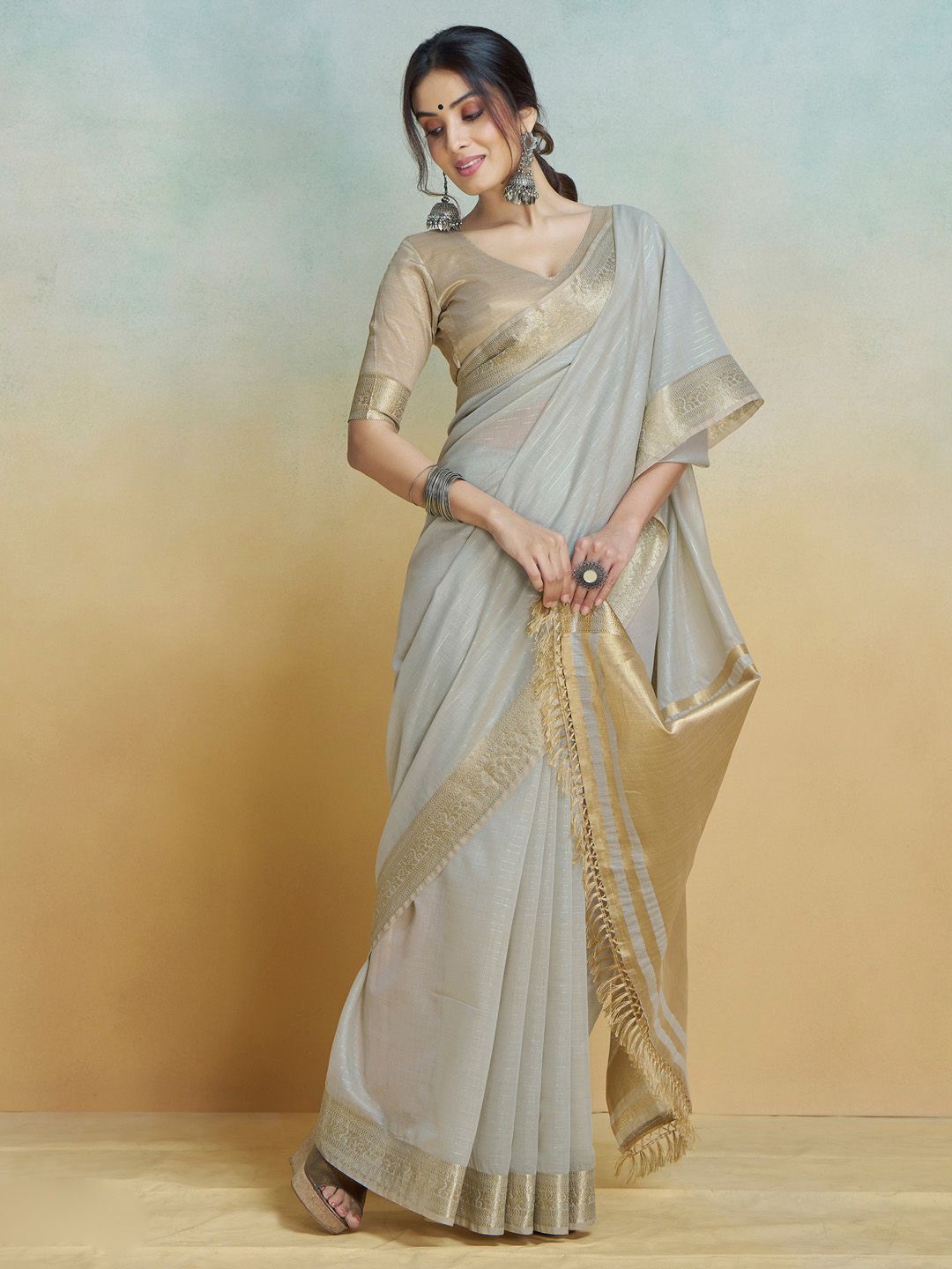

Anouk Striped Zari Banarasi Saree, Grey