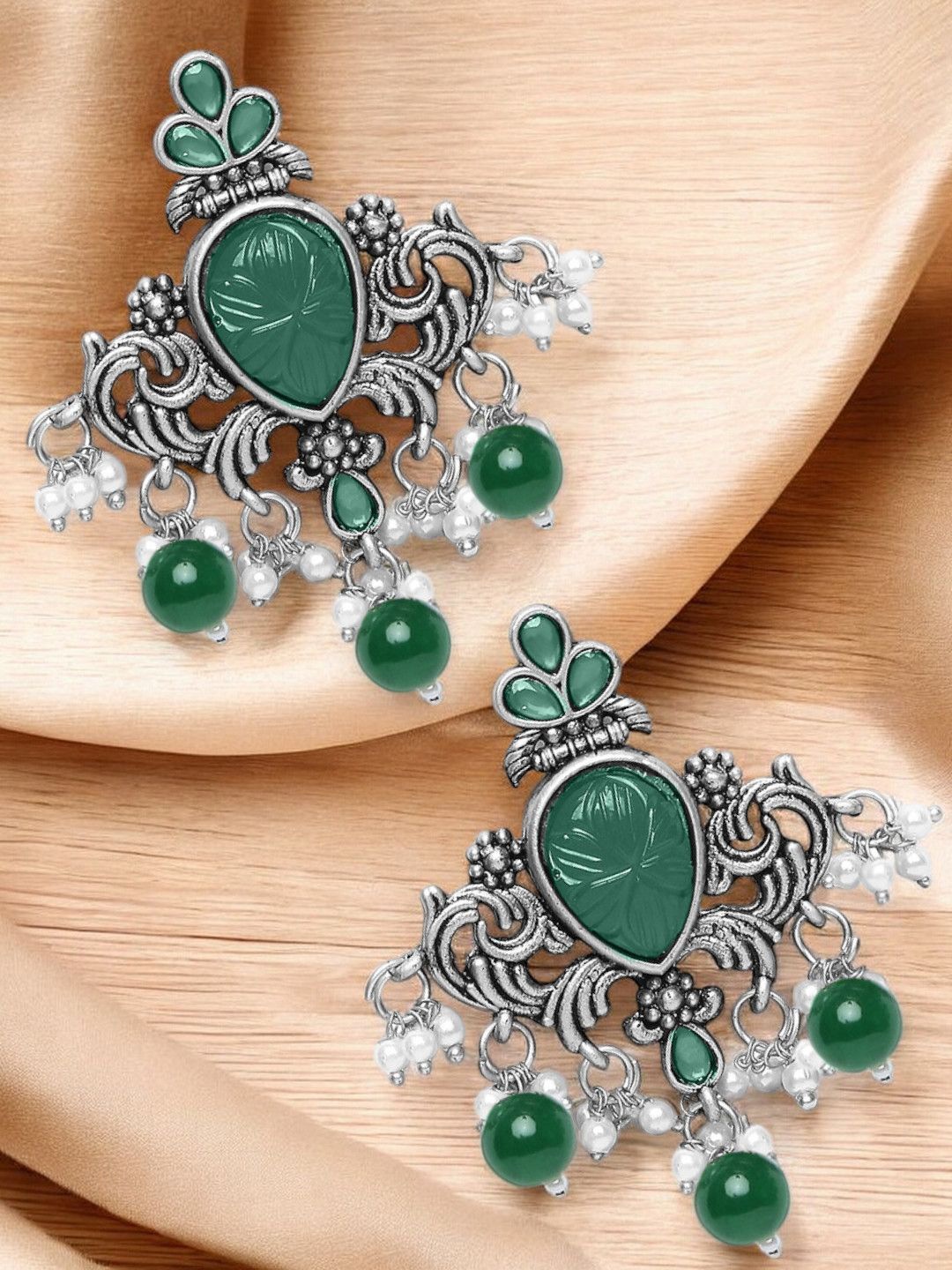 

OOMPH Stones Studded & Beaded Floral Drop Earrings, Silver