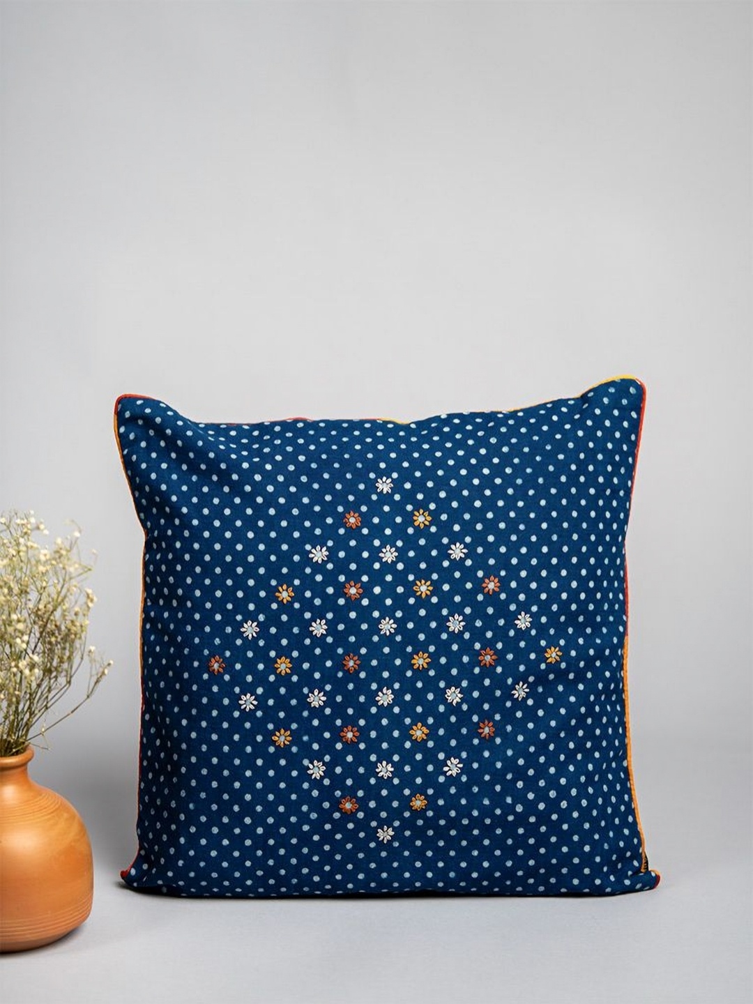 

craftroots Blue & Orange Floral Embroidered Cotton Square Cushion Cover