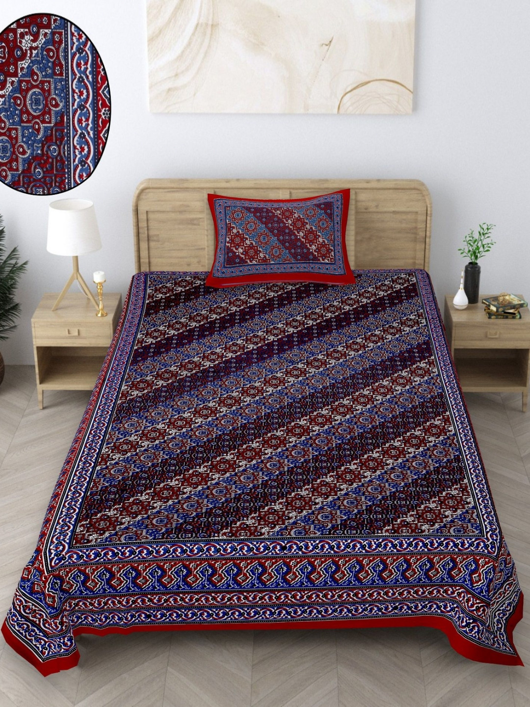

Texstylers Maroon & Blue Floral Printed 140 TC Cotton Single Bedsheet with 1 Pillow Covers
