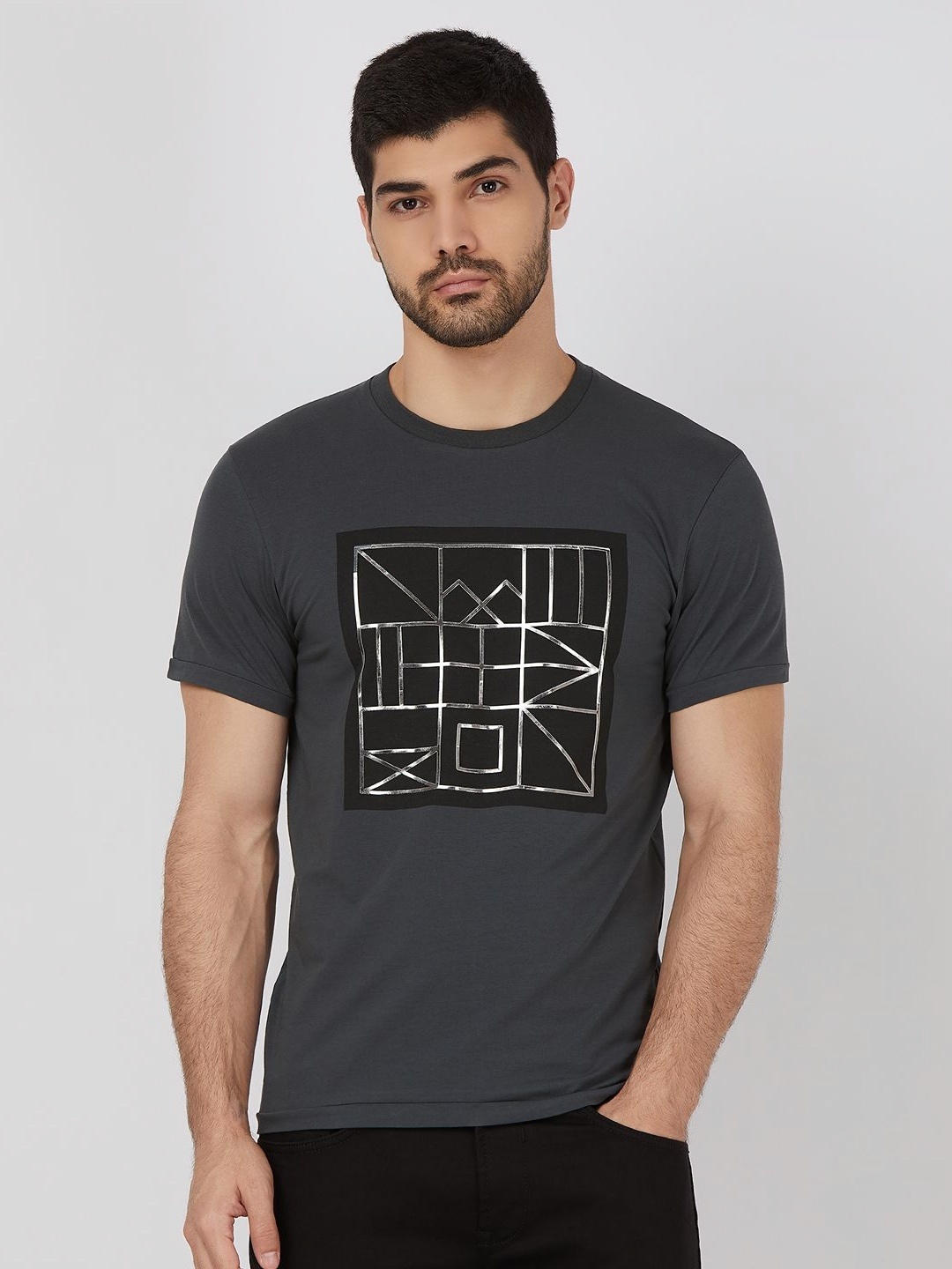 

Mufti Men Geometric Printed Round Neck Cotton Slim Fit T-shirt, Grey
