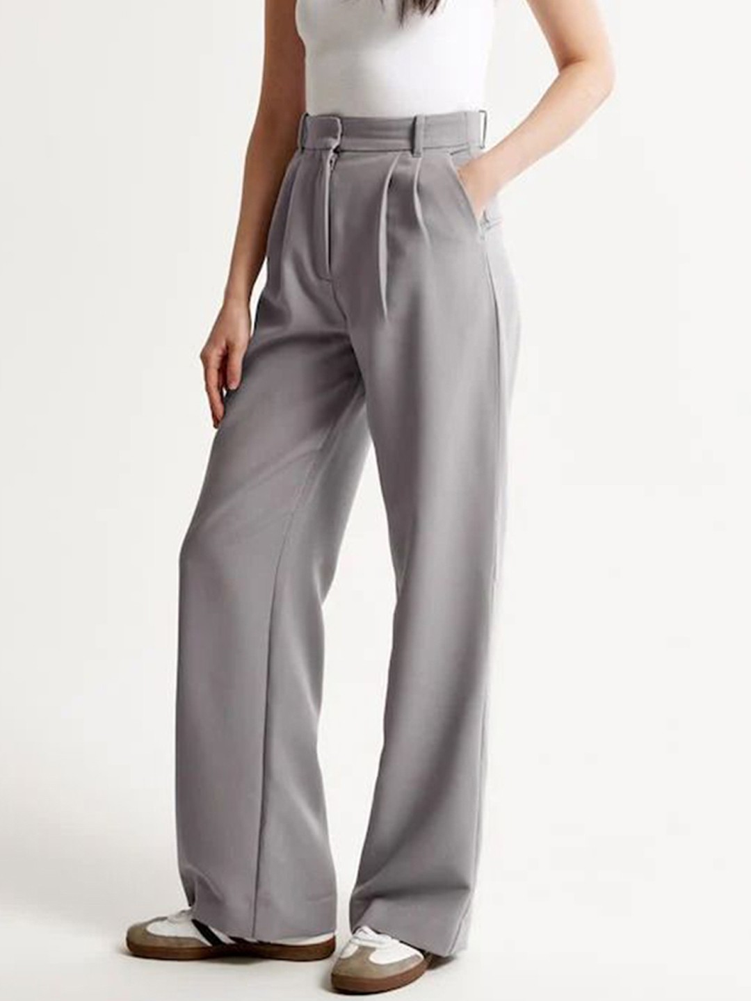 

FNOCKS Women Smart Straight Fit High-Rise Wide Leg Trousers, Grey