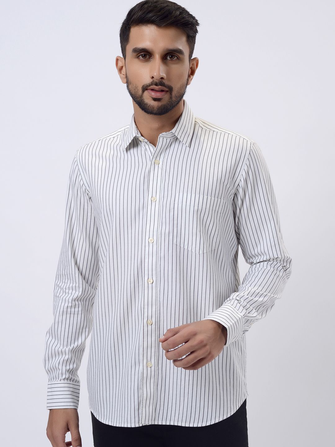 

JADE BLUE Men Spread Collar Vertical Striped Cotton Slim Fit Casual Shirt, White