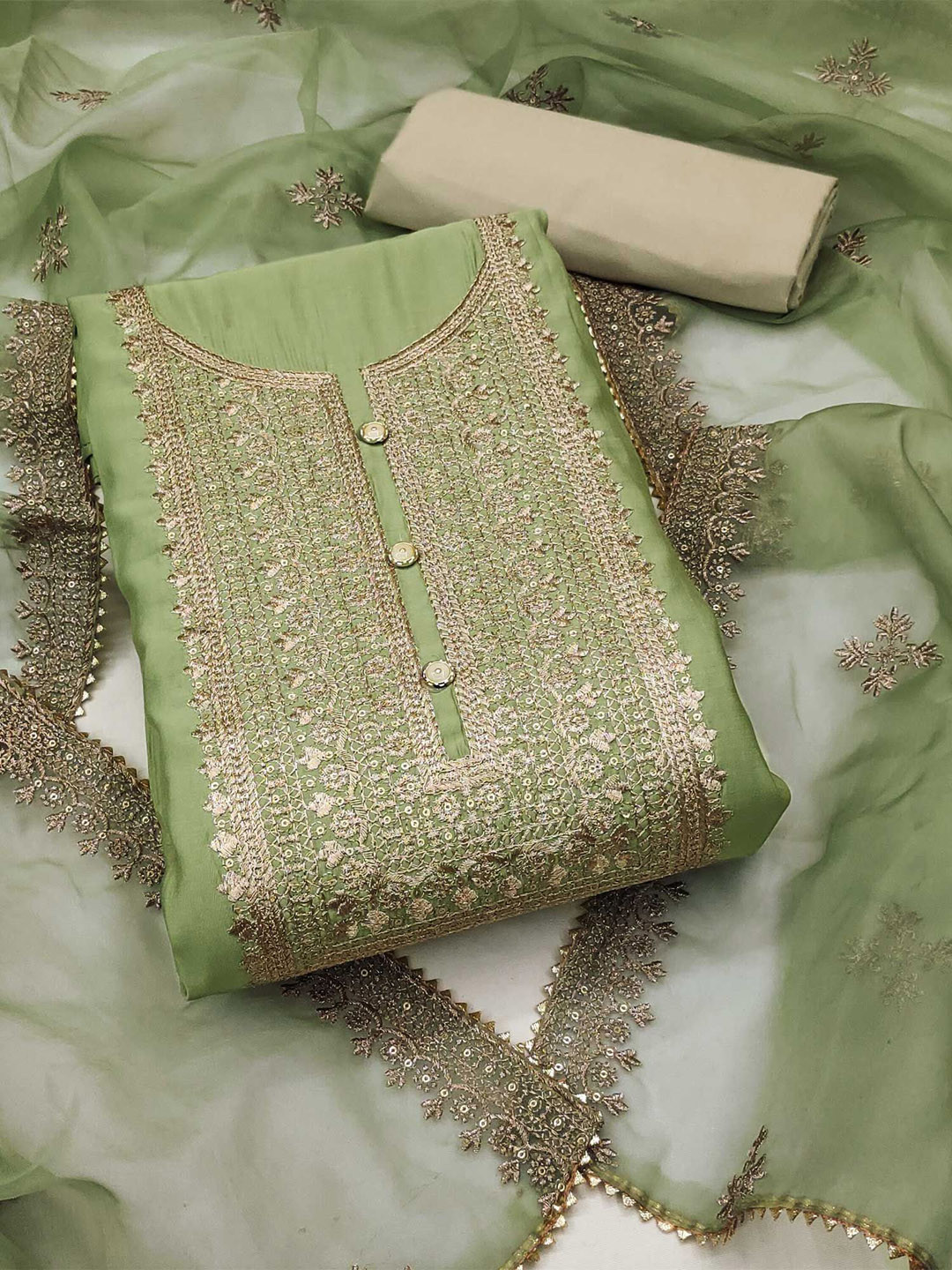 

Peachmode Embroidered Zari Unstitched Dress Material, Green