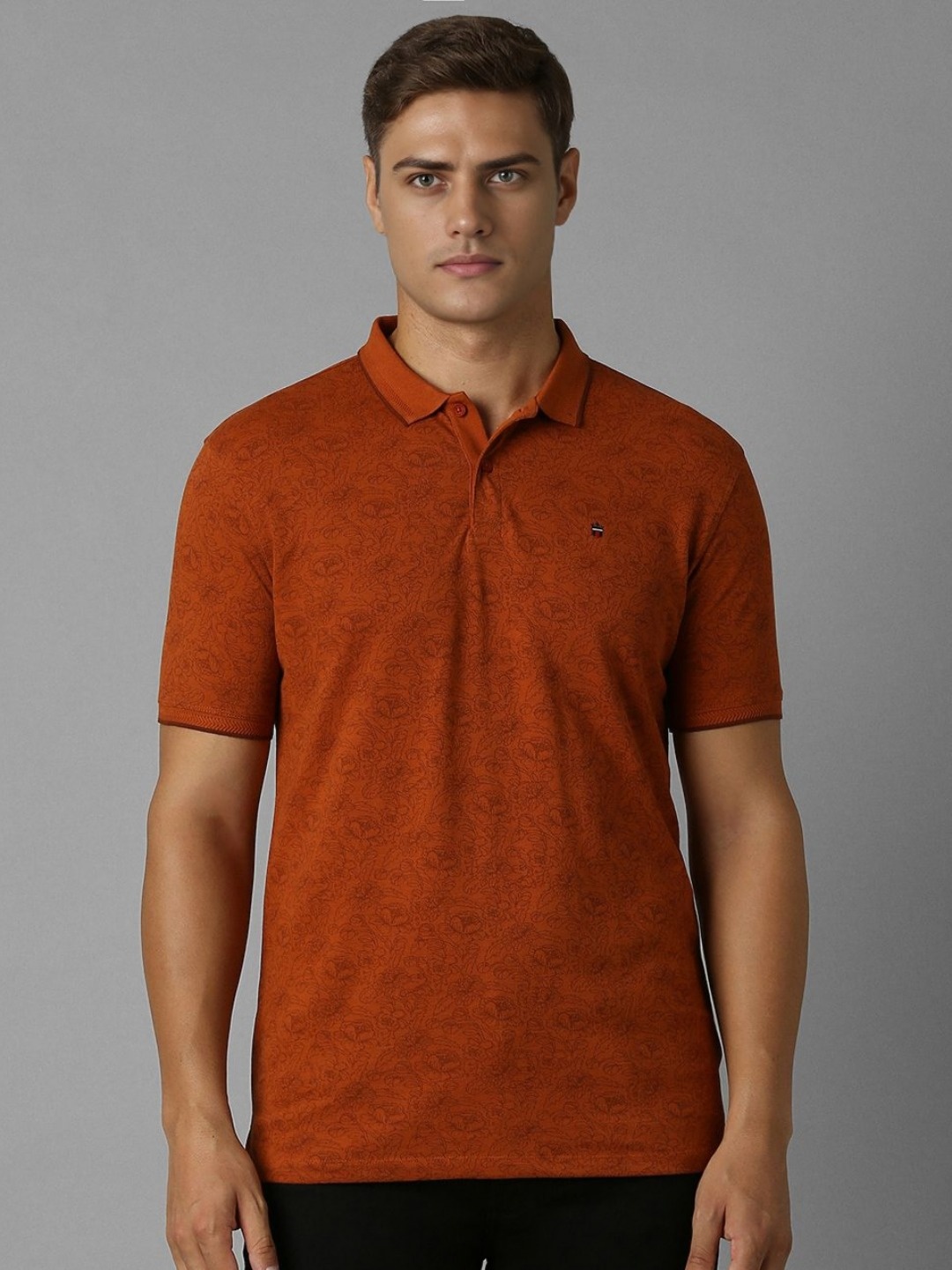 

Louis Philippe Jeans Men Floral Printed Polo Collar Cotton Slim Fit T-shirt, Red