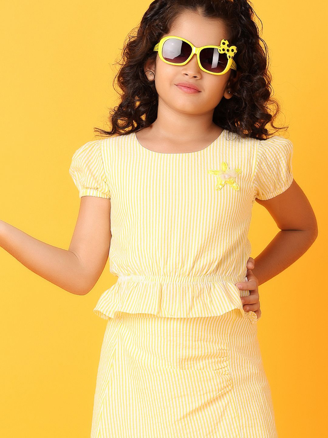 

V-Mart Girls Striped Pure Cotton Top With Skirt, Yellow