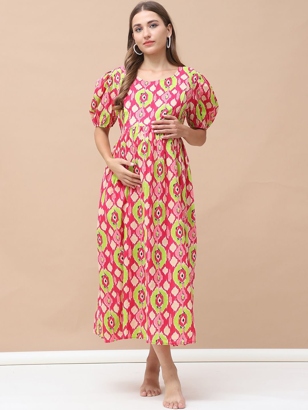 

Secret Wish Women Abstract Printed Pure Cotton Maternity Nightdress, Green