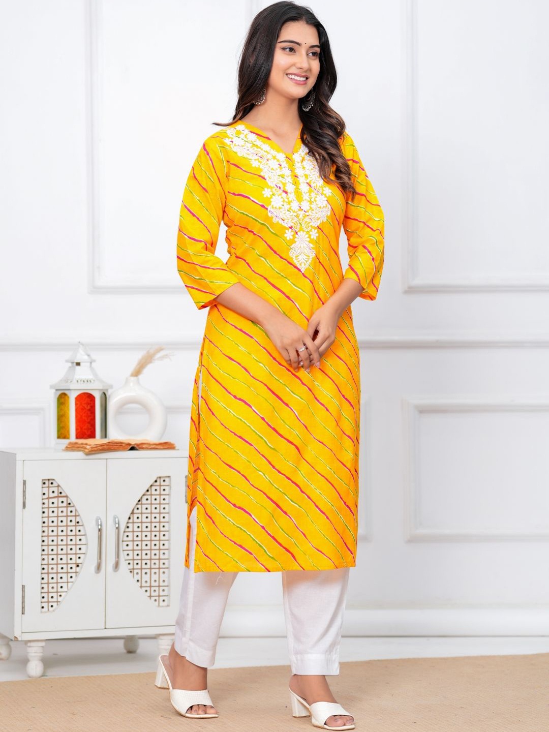 

RANI PRINTS Leheriya Printed Thread Work Kurta, Yellow