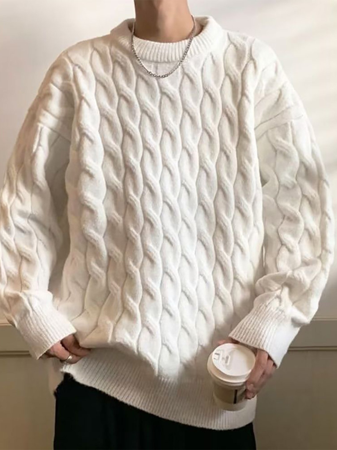 

StyleCast x Revolte Men Cable Knit Pullover, White