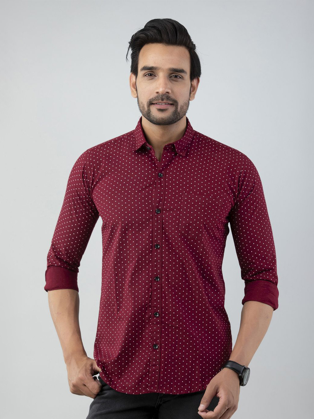 

Vcom Men Classic Spread Collar Polka Dots Printed Cotton Slim Fit Casual Shirt, Maroon