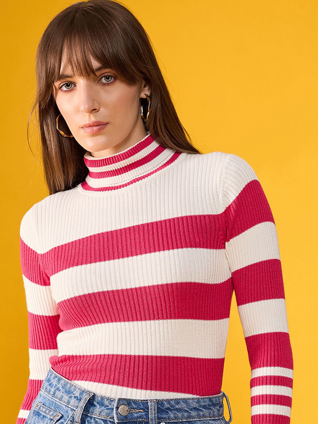 

98 Degree North Women Striped Cotton Pullover, Pink