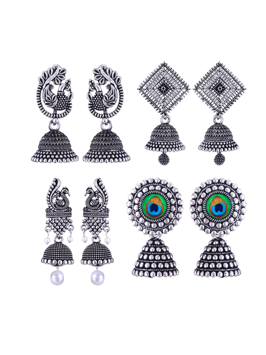 

DIVASTRI Peacock Shaped Jhumkas Earrings, Silver