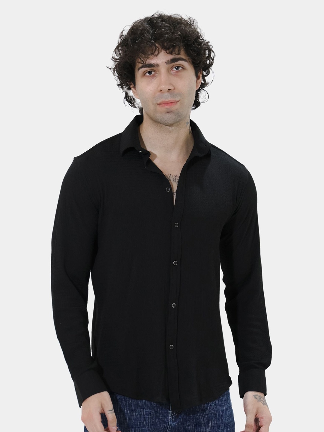 

BOTABOCHI Men Classic Spread Collar Solid Cotton Relaxed Fit Party Shirt, Black