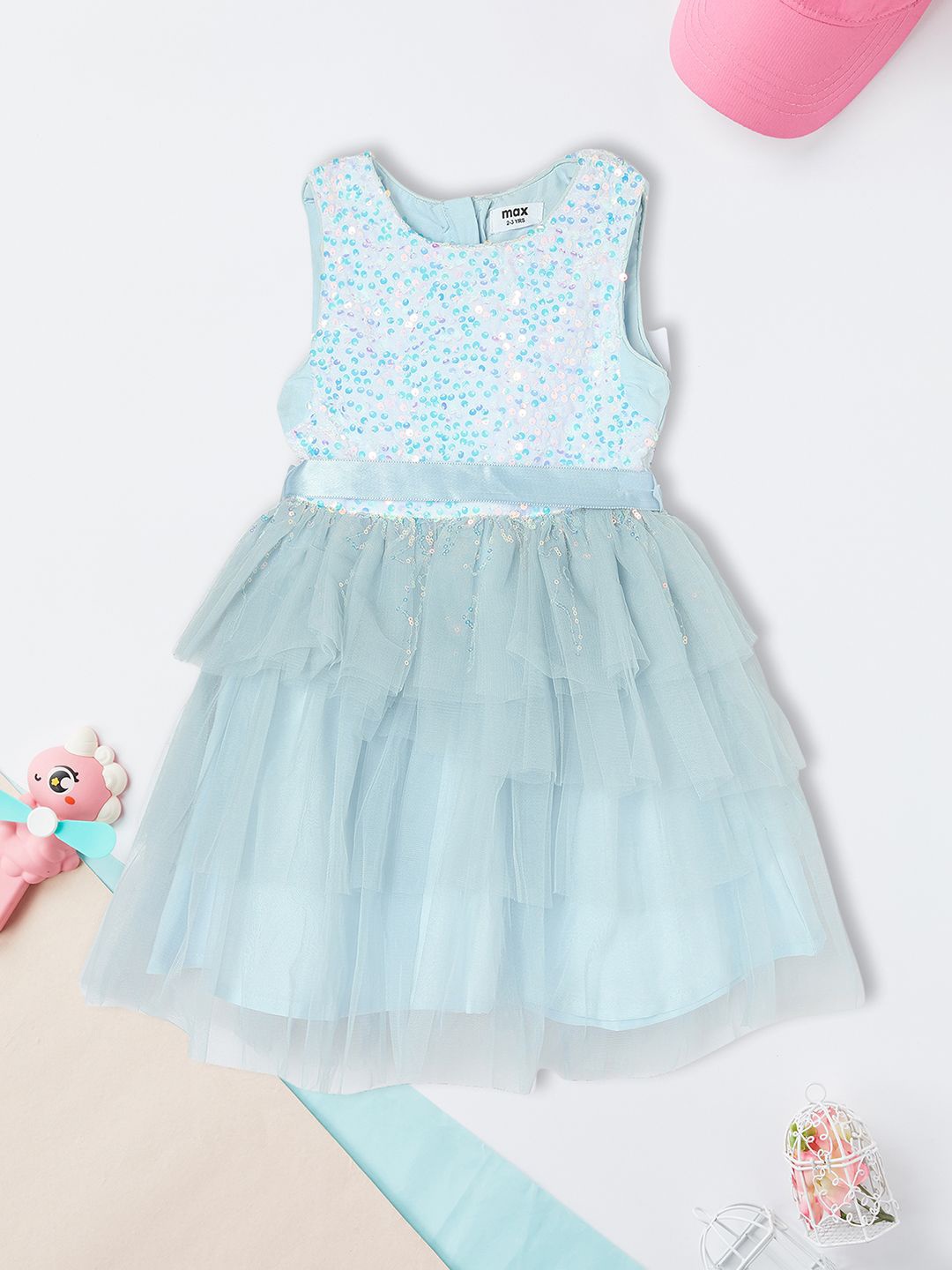 

max Girls Self Design Ruffles Embellished Gown Dress, Blue