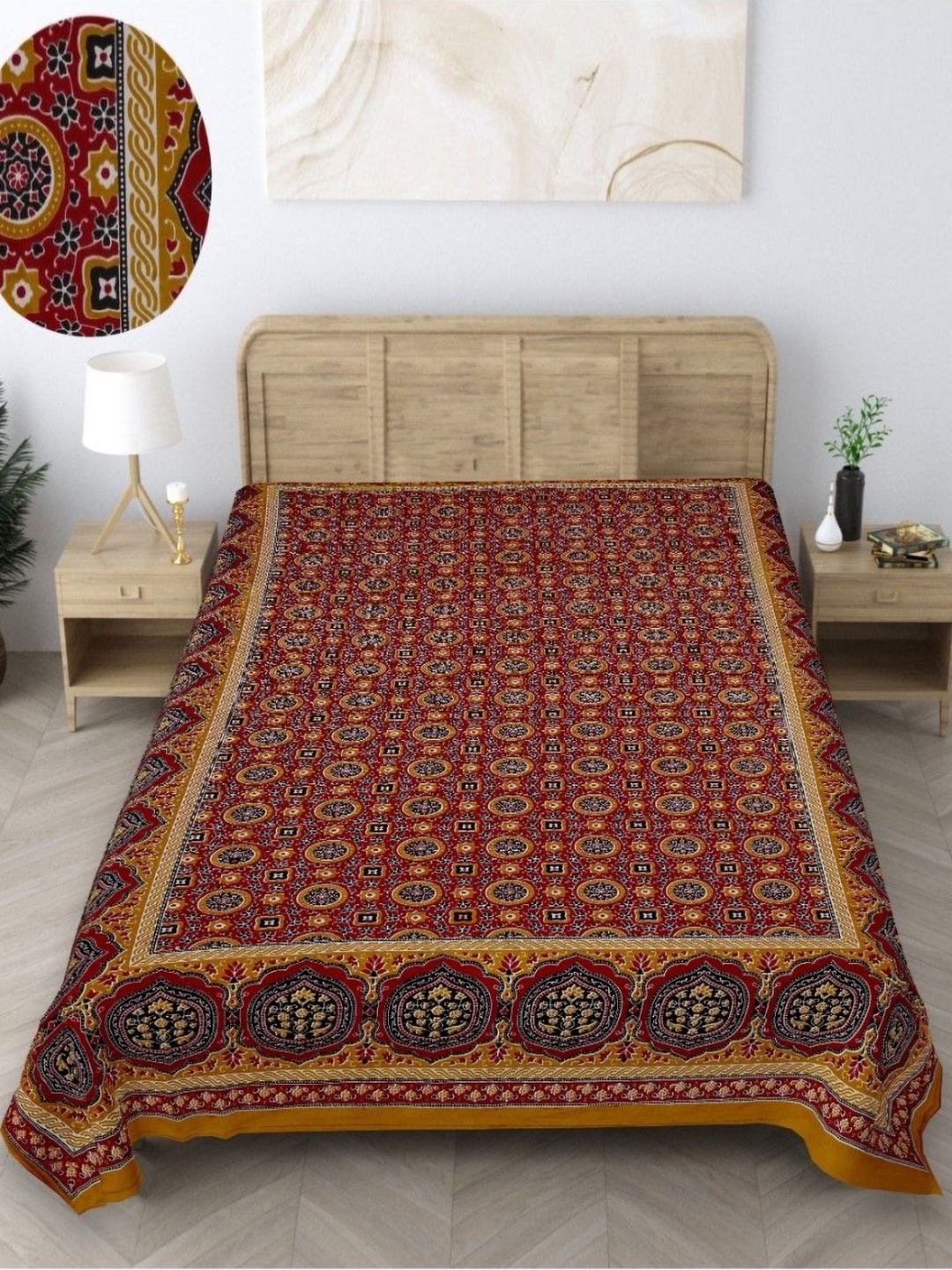 

INDHOME LIFE Yellow & Red Ethnic Motifs Printed 210 TC Pure Cotton Single Bedsheet Set