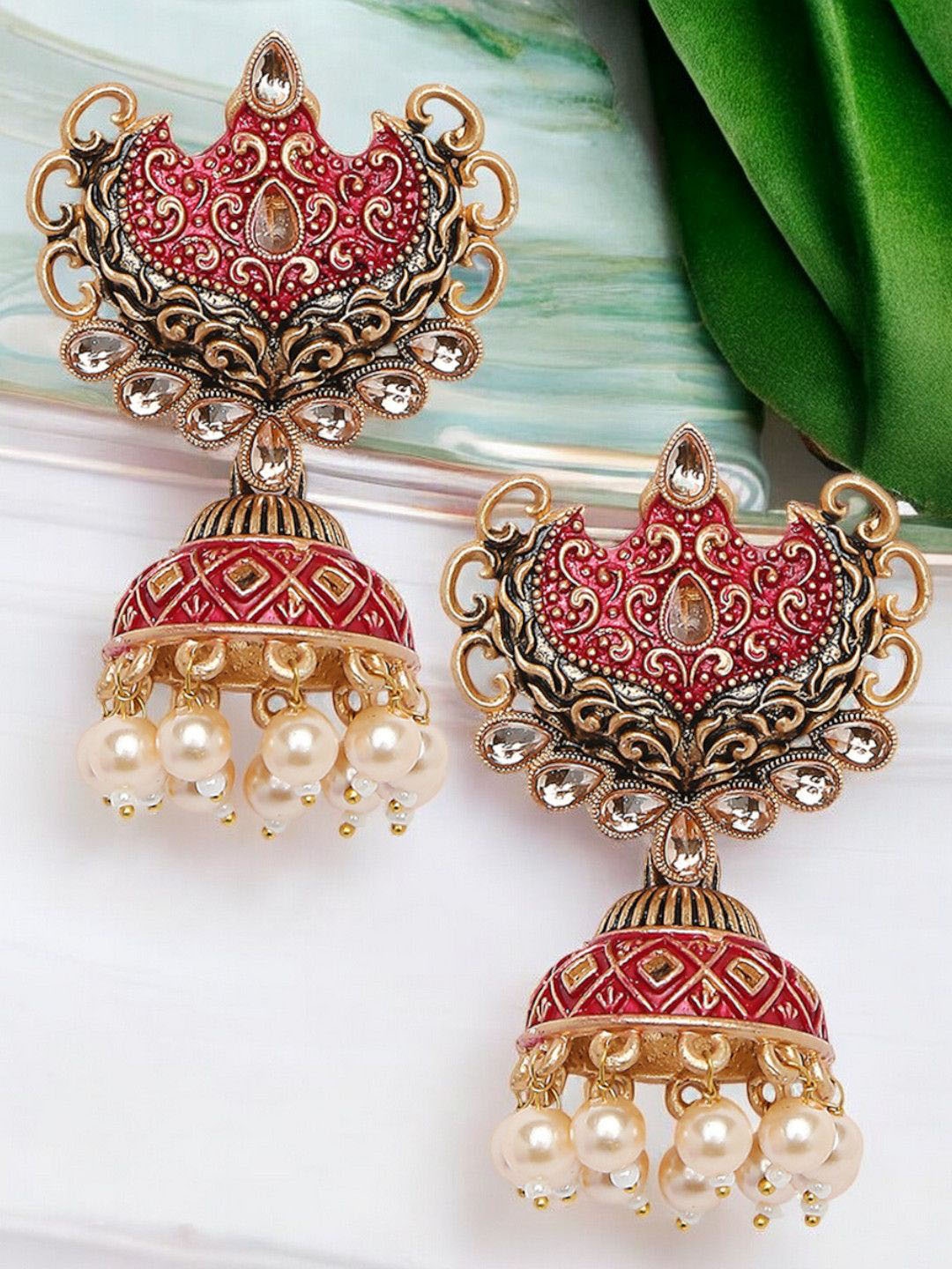 

OOMPH Kundan Studded Dome Shaped Meenakari Jhumkas, Red