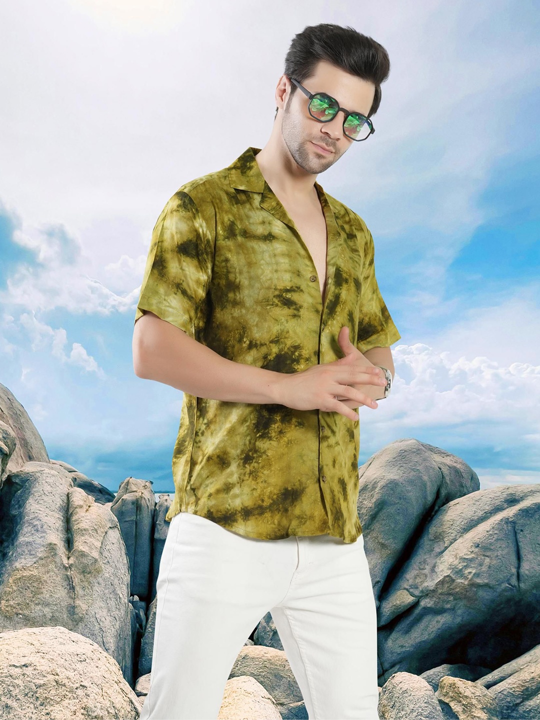 

RANJ Men Smart Club Collar Dyed Cotton Relaxed Fit Casual Shirt, Olive