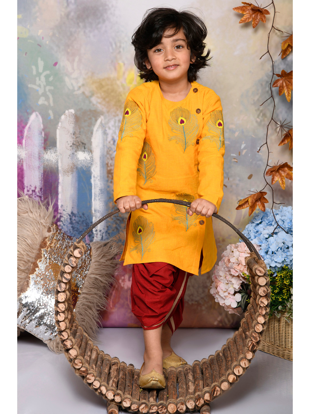 

MUDKID Boys Ethnic Motifs Embroidered Regular Pure Cotton Kurta with Dhoti Pants, Yellow