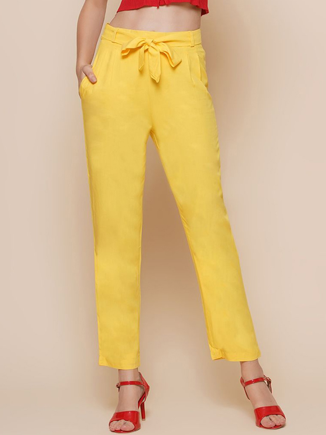 

KATLINE Women Relaxed High-Rise Regular Fit Trousers, Yellow