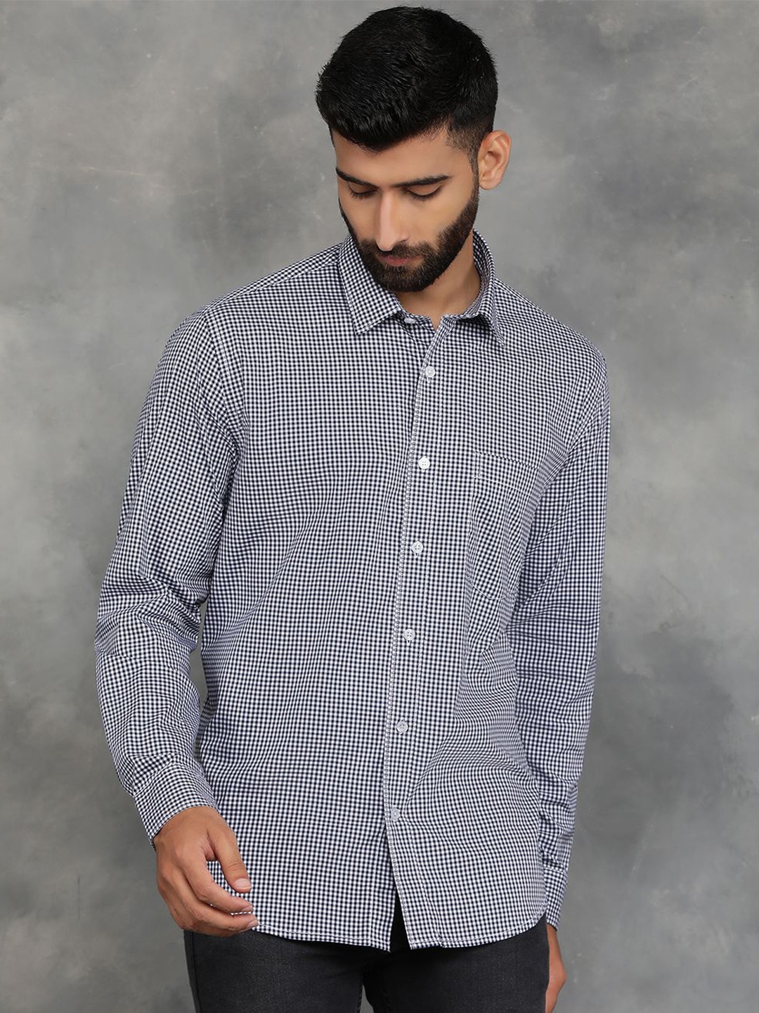 

Greenfibre Men Spread Collar Micro Checked Cotton Casual Shirt, Grey