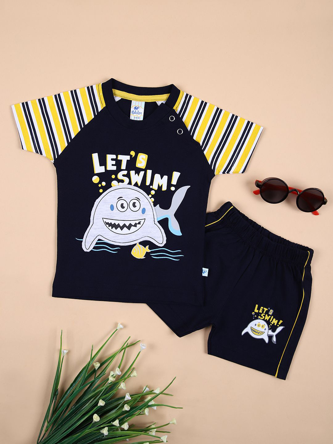 

V-Mart Boys Printed Round Neck Cotton T-shirt With Shorts, Navy blue