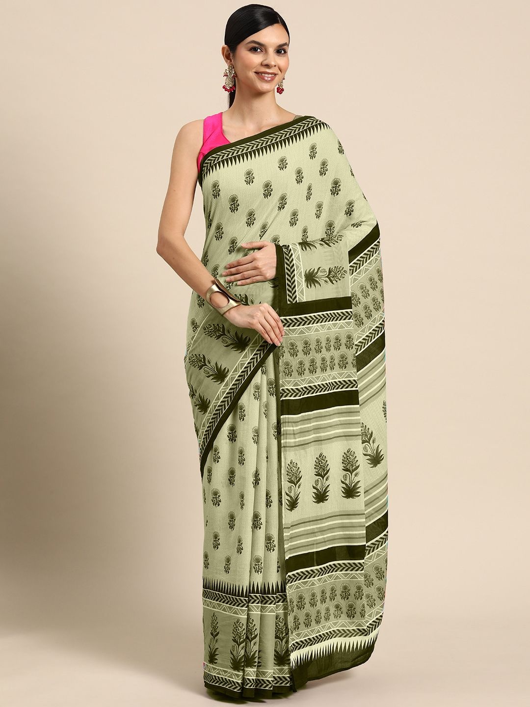 

BUTA BUTI Ethnic Motifs Printed Pure Cotton Saree, Olive