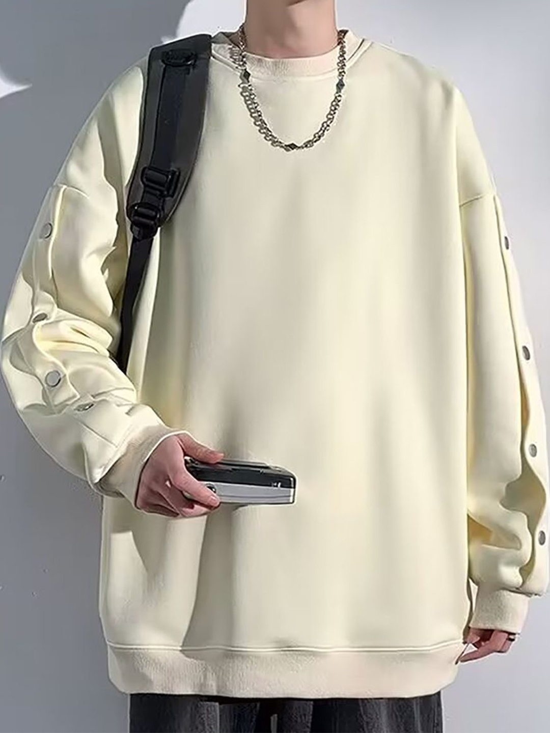 

StyleCast x Revolte Men Solid Round Neck Pullover Sweatshirt, Beige