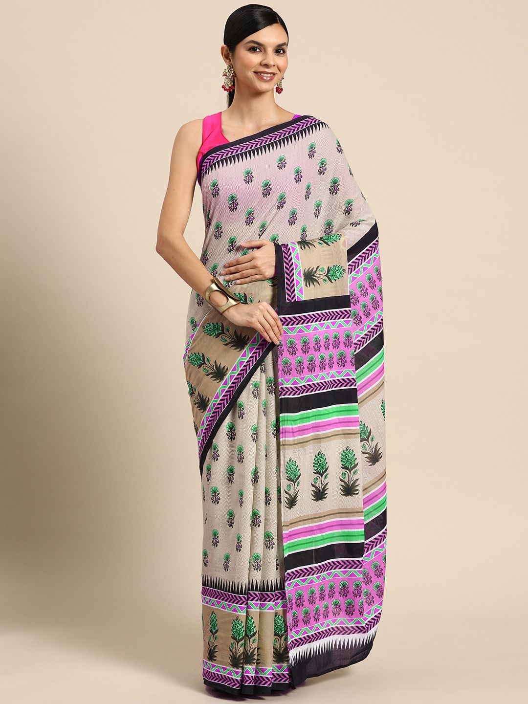 

BUTA BUTI Ethnic Motifs Printed Pure Cotton Saree, Cream