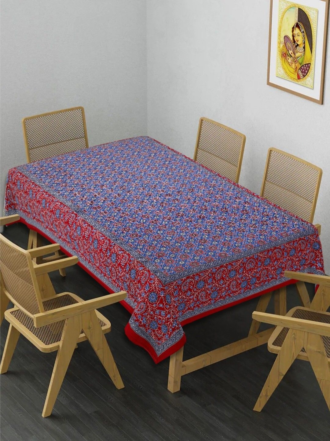 

INDHOME LIFE Blue & Red Ethnic Motifs Printed 210 TC Cotton 6-Seater Table Cover