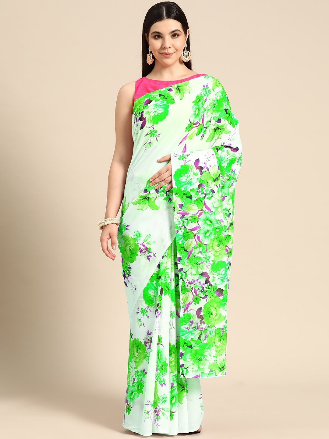 

BUTA BUTI Floral Pure Cotton Saree, Green
