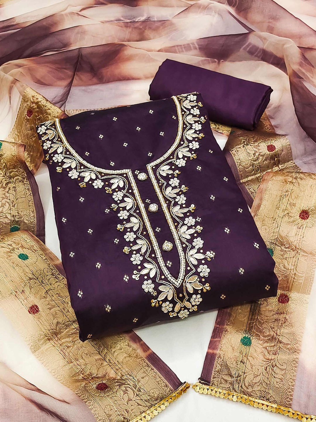 

Peachmode Floral Beads and Stones Unstitched Dress Material, Purple