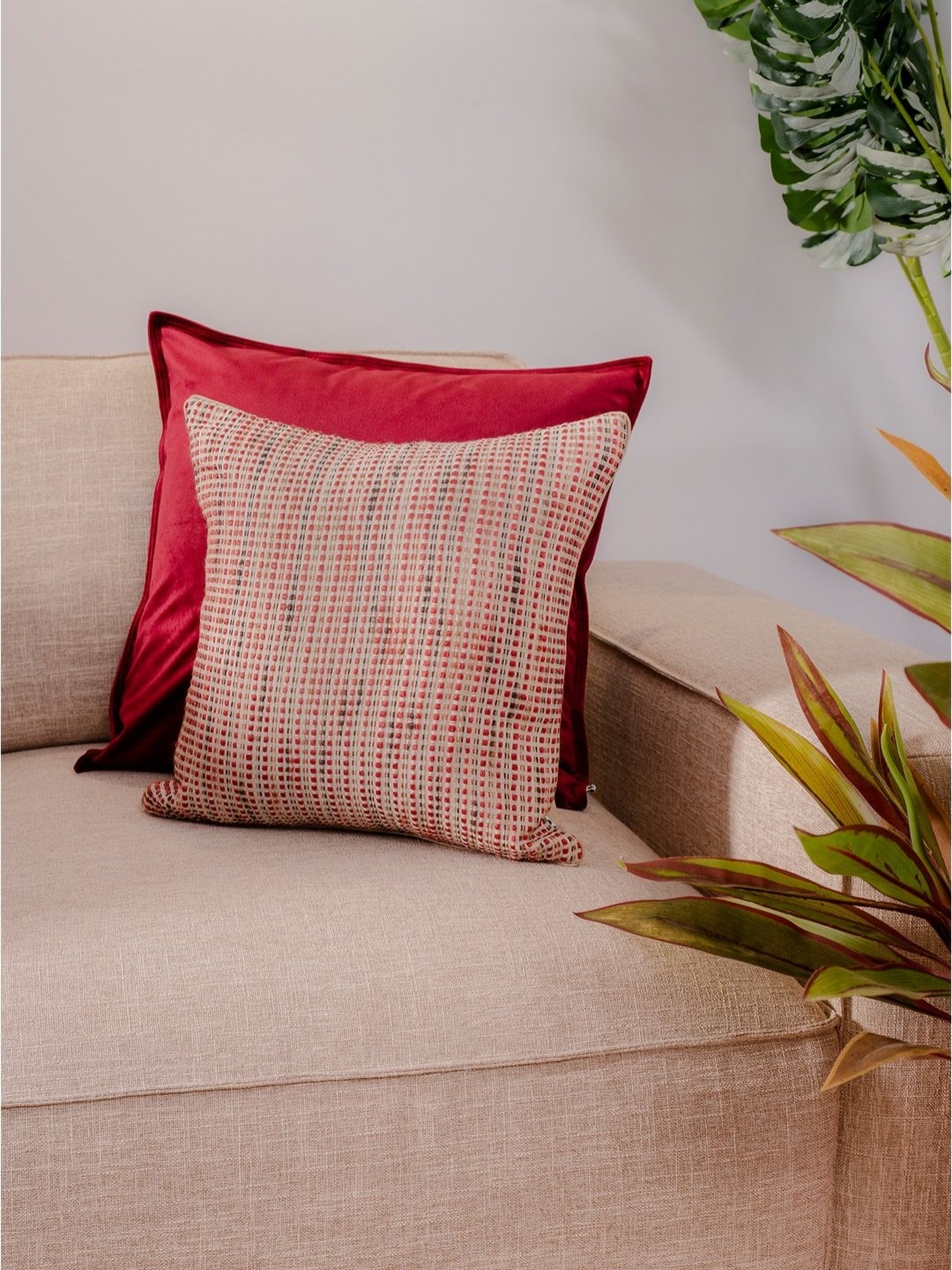 

ONSETHOMES Red & Beige Self Design Textured Square Cushion Covers