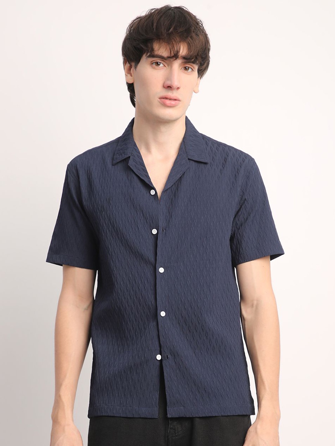 

Voroxy Men Comfort Cuban Collar Textured Polycotton Casual Shirt, Navy blue