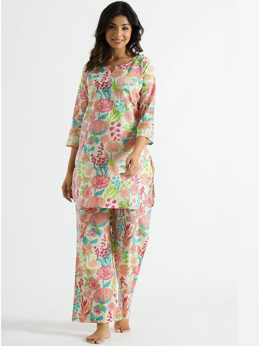 

Rujave Floral Printed Tunic With Trousers, Cream